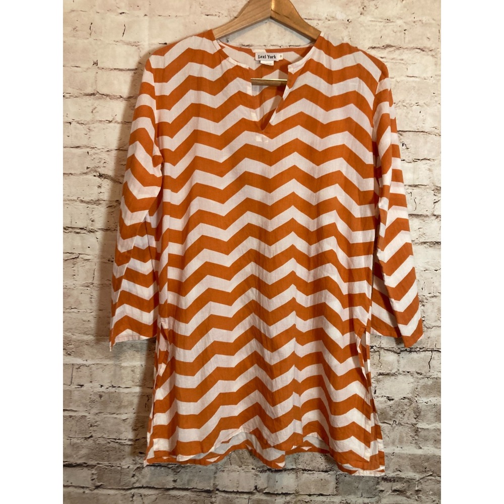 Lexi York Tunic Top Womens Medium Rust Orange Zig Zag Striped Lightweight Beachy